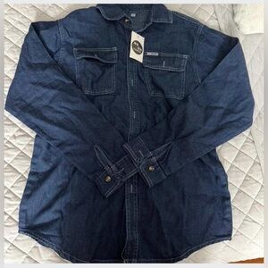 Dark blue denim button up shirt, woman size L